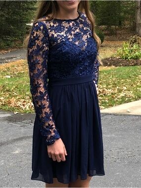 PromGirl Navy Floral Lace Long Sleeve Chiffon Dress